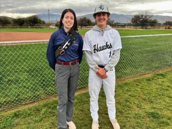 Athletic trainer Jenna Scheeland with Tanque Verde High School baseball pitcher Ryan